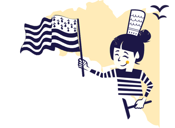 Produit en Bretagne avec Suzette qui tient le drapeau breton